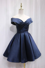 Formal Dress Long, Simple Satin Short Prom Dress, Off Shoulder Blue Party Dress