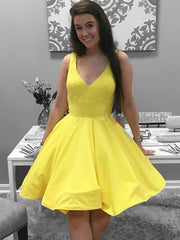 Formal Dress Boutique, Simple Short V Neck Yellow Red Satin Prom Dresses, Short Red Yellow Formal Homecoming Dresses
