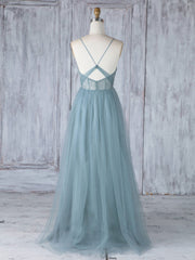 Bridal Dress, Simple Sweetheart Neck Tulle Lace Long Prom Dresses, Gray Blue Bridesmaid Dresses