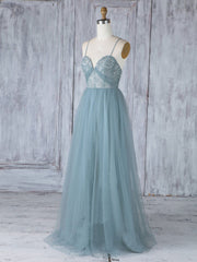 Prom Gown, Simple Sweetheart Neck Tulle Lace Long Prom Dresses, Gray Blue Bridesmaid Dresses