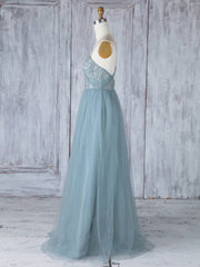 Flower Dress, Simple Sweetheart Neck Tulle Lace Long Prom Dresses, Gray Blue Bridesmaid Dresses