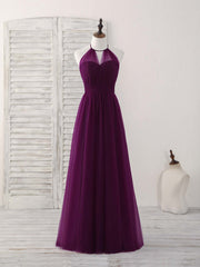 Blue Bridesmaid Dress, Simple Tulle A-Line Purple Long Prom Dress, Bridesmaid Dress