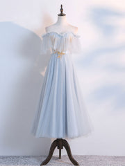 Fashion Dress, Simple Tulle Lace Gray Prom Dresses, Tea Length Lace Bridesmaid Dresses