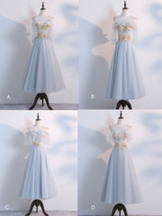 Bridesmaid Nail, Simple Tulle Lace Gray Prom Dresses, Tea Length Lace Bridesmaid Dresses