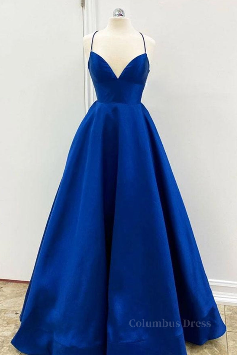 Evening Dresses Knee Length, Simple V Neck Backless Royal Blue Satin Long Prom Dress, Royal Blue Backless Formal Dress, Royal Blue Evening Dress, Ball Gown