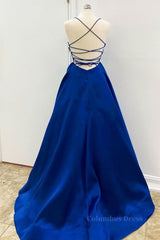 Evening Dresses For Over 55, Simple V Neck Backless Royal Blue Satin Long Prom Dress, Royal Blue Backless Formal Dress, Royal Blue Evening Dress, Ball Gown