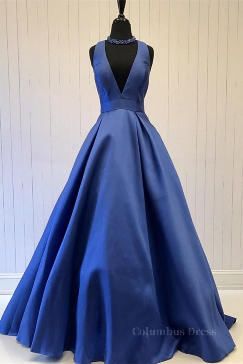 Homecoming Dress Idea, Simple V Neck Blue Satin Long Prom Dress, V Neck Blue Formal Dress, Blue Evening Dress