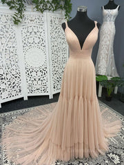 Prom Dresses Cute, Simple v neck champagne tulle long prom dress, champagne evening dress