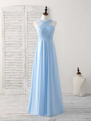 Long Sleeve Dress, Simple V Neck Chiffon Blue Long Prom Dress Blue Bridesmaid Dress