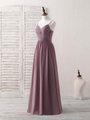 Party Dress Glitter, Simple V Neck Chiffon Long Prom Dress Dark Pink Bridesmaid Dress