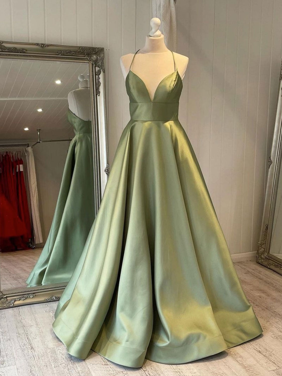 Prom Dresses Pink, Simple v neck green satin long prom dress, green evening dress