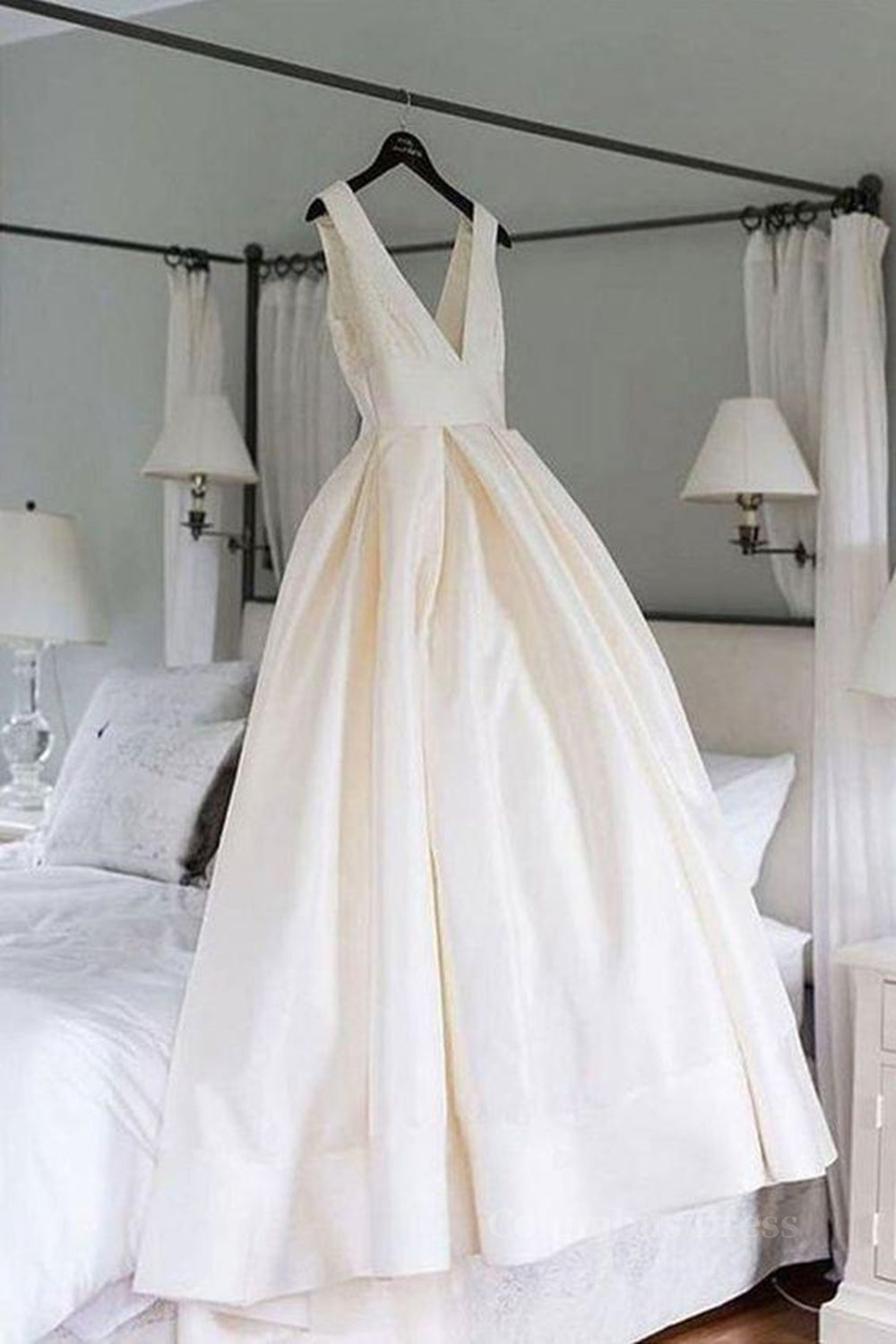 Wedding Dresses Gowns, Simple V Neck Ivory Satin Long Prom Dress, Open Back Ivory Formal Evening Dress, Ivory Wedding Dress
