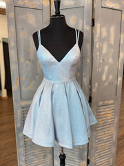 Prom Dress 2033, Simple v neck light blue short prom dress, blue homecoming dress