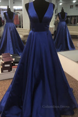 Homecoming Dress Classy Elegant, Simple V Neck Open Back Blue Long Prom Dress, V Neck Blue Formal Dress, Blue Evening Dress