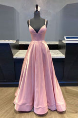 Prom Dresses Outfits, Simple v neck pink satin long prom dress pink formal dress