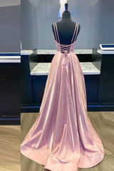 Prom Dresses Casual, Simple v neck pink satin long prom dress pink formal dress