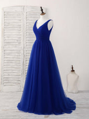 Bride Dress, Simple V Neck Royal Blue Tulle Long Prom Dress Blue Evening Dress