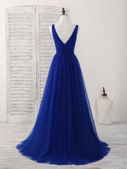 Gala Dress, Simple V Neck Royal Blue Tulle Long Prom Dress Blue Evening Dress