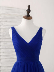 Rustic Wedding Dress, Simple V Neck Royal Blue Tulle Long Prom Dress Blue Evening Dress