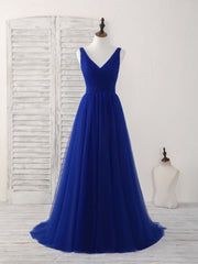 Bachelorette Party Outfit, Simple V Neck Royal Blue Tulle Long Prom Dress Blue Evening Dress