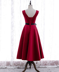 Homecomming Dress Black, Simple V Neck Satin Burgundy Short Prom Dress, Burgundy Bridesmaid Dress