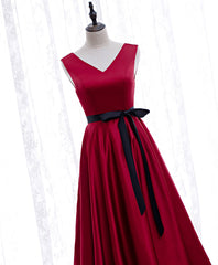 Homecoming Dress Black, Simple V Neck Satin Burgundy Short Prom Dress, Burgundy Bridesmaid Dress