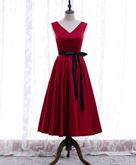 Homecoming Dresses Black, Simple V Neck Satin Burgundy Short Prom Dress, Burgundy Bridesmaid Dress