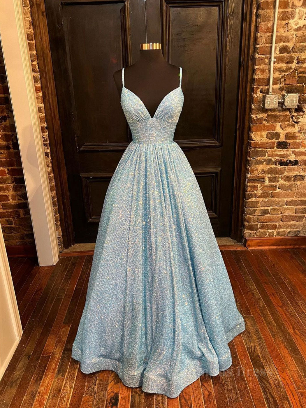Prom Dress 2025, Simple v neck sequin long prom dress, blue sequin formal dress