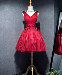 Prom Dress Tulle, Simple V Neck Tulle Burgundy Homecoming Dress,  Burgundy Prom Dress