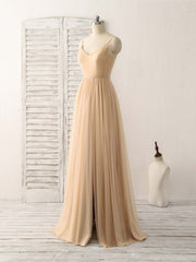 Off Shoulder Dress, Simple V Neck Tulle Chiffon Long Prom Dress Champagne Bridesmaid Dress