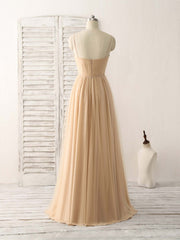 Formal Wedding Guest Dress, Simple V Neck Tulle Chiffon Long Prom Dress Champagne Bridesmaid Dress
