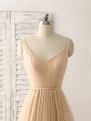 Trendy Dress Outfit, Simple V Neck Tulle Chiffon Long Prom Dress Champagne Bridesmaid Dress