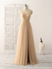 Modest Prom Dress, Simple V Neck Tulle Chiffon Long Prom Dress Champagne Bridesmaid Dress