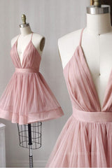 Prom Dress Boho, Simple v neck tulle pink short prom dress pink bridesmaid dress