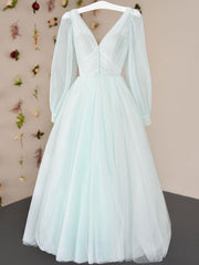 Prom Dress Styles, Simple v neck tulle tea length prom dress, tulle formal dress
