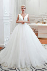 Wedding Dresses For Fall Wedding, Simple White A Line V Neck Open Back Tulle Wedding Dresses