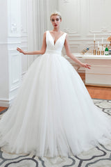 Wedding Dress For Fall Wedding, Simple White A Line V Neck Open Back Tulle Wedding Dresses