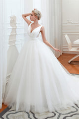 Wedding Dress Petite, Simple White A Line V Neck Open Back Tulle Wedding Dresses