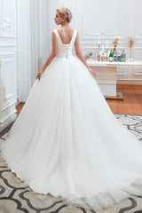 Wedding Dresses Petite, Simple White A Line V Neck Open Back Tulle Wedding Dresses