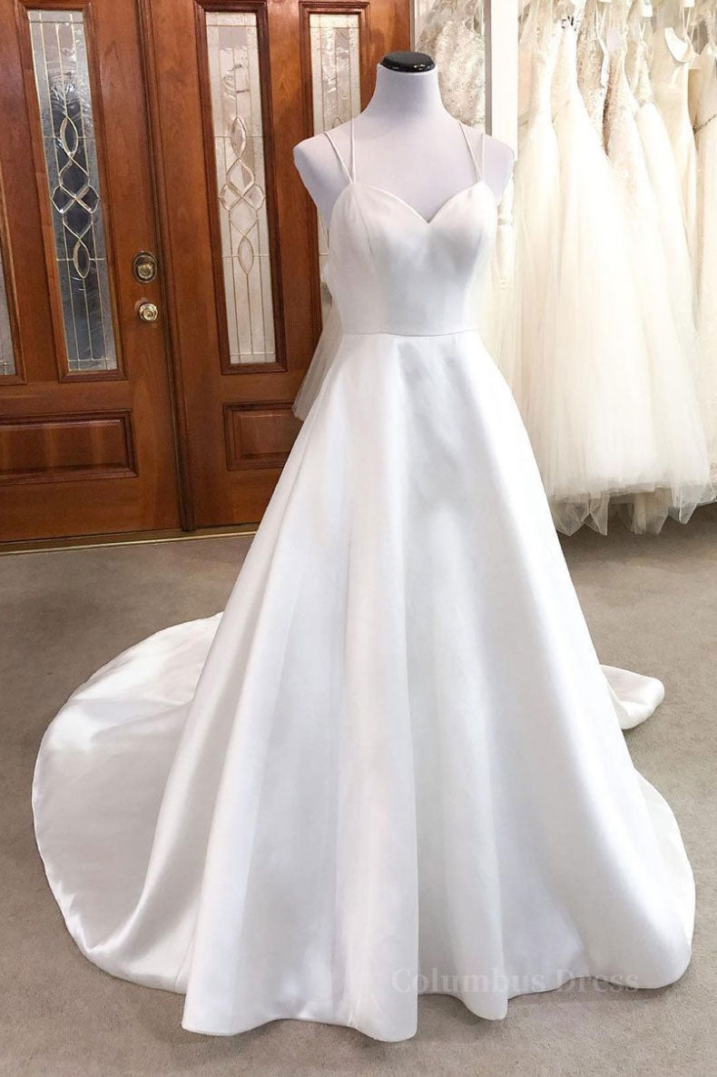Wedding Dress Long, Simple white v neck satin long wedding dress white bridal dress