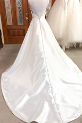 Wedding Dress Short, Simple white v neck satin long wedding dress white bridal dress