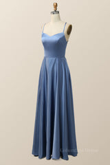 Prom Dress Open Back, Simply Blue Straps A-line Long Formal Dress
