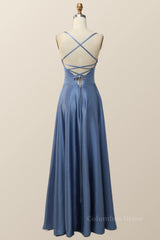 Prom Dresses Open Backs, Simply Blue Straps A-line Long Formal Dress