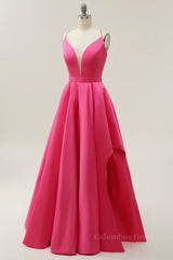 Party Dresses For Ladies, Simply Hot Pink A-line Straps Long Gown