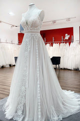 Wedding Dresses Fashion, Simply Long A-line Tulle Lace Open Back Wedding Dresses