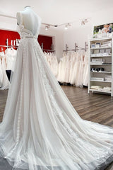 Wedding Dress Fashion, Simply Long A-line Tulle Lace Open Back Wedding Dresses