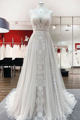Wedding Dresses Colorful, Simply Long A-line Tulle Lace Open Back Wedding Dresses