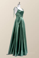 Navy Blue Dress, Simply Straps Green Silk Long Party Dress