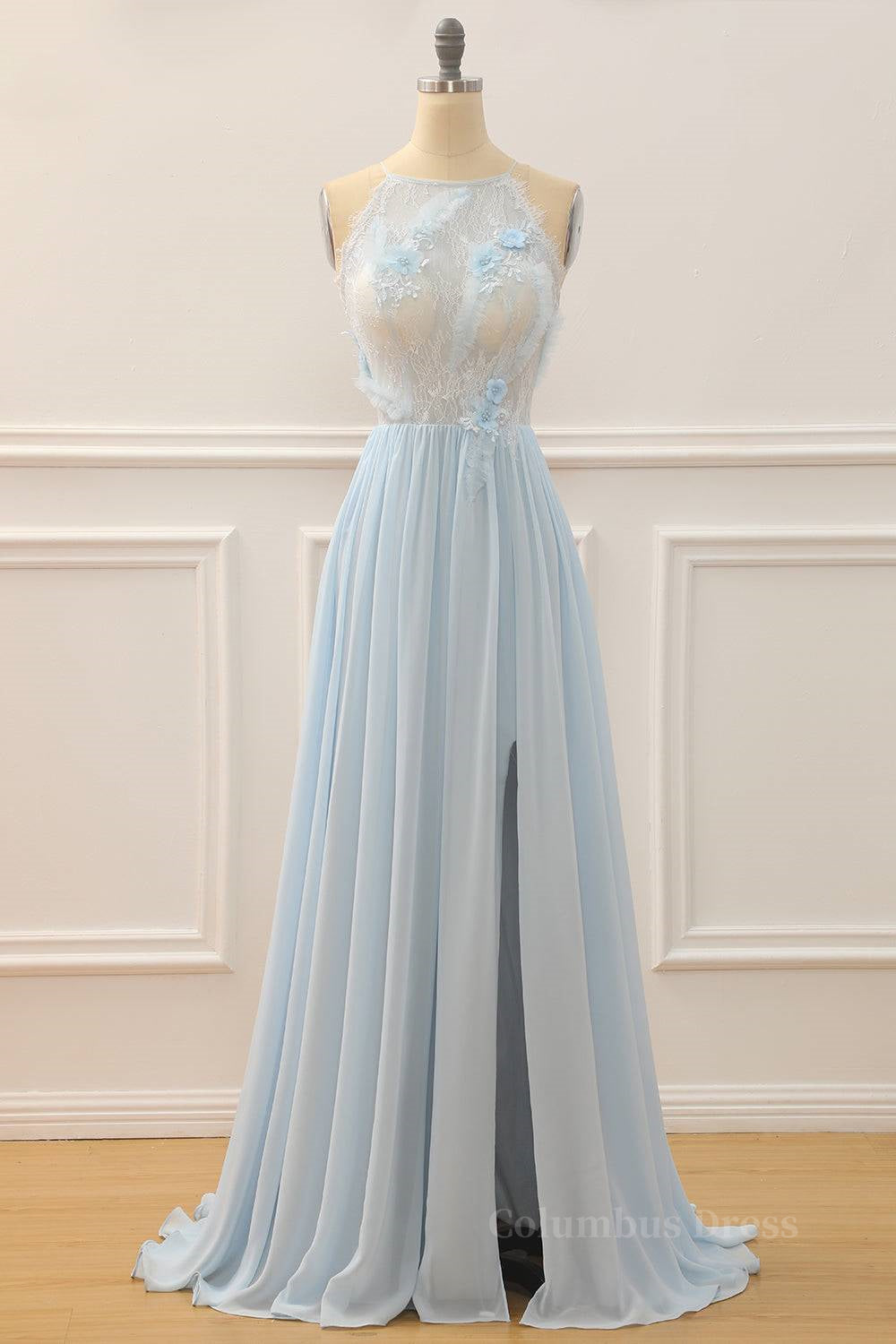 Party Dresses Fall, Sky Blue A-line Bateau Tulle 3D Applique Long Prom Dress