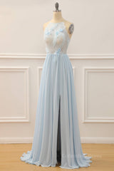 Party Dress For Ladies, Sky Blue A-line Bateau Tulle 3D Applique Long Prom Dress